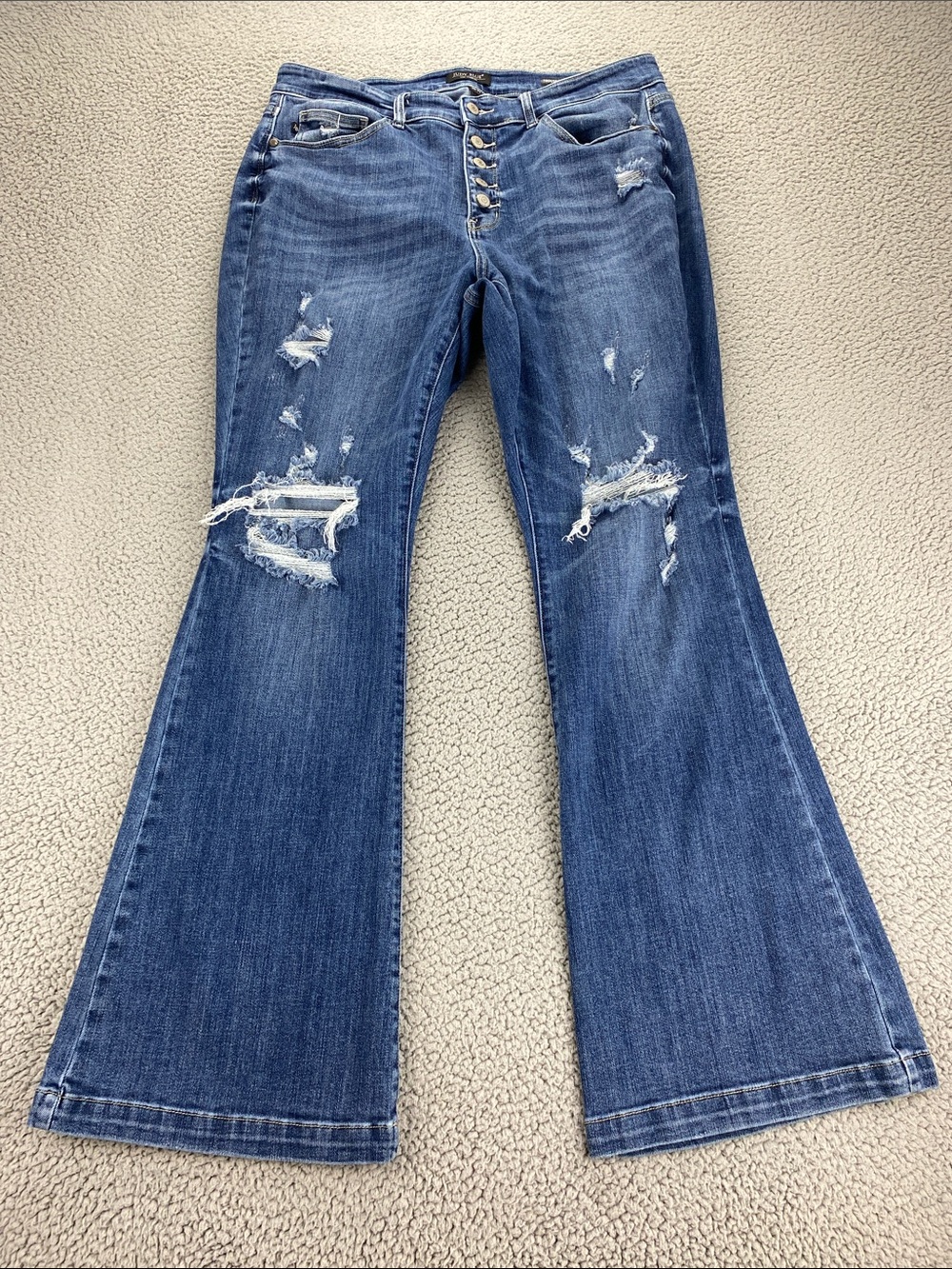 Judy Blue Women's Distressed Button Fly Trouser Flare Stretch Jeans | Size: 18W